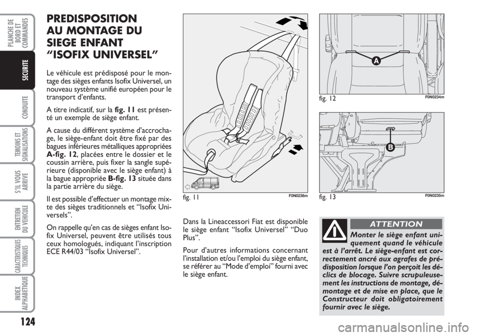 FIAT DUCATO 2007 Notice dentretien (in French) 124
CONDUITE
TEMOINS ET
SIGNALISATIONS
S’IL VOUS
ARRIVE
ENTRETIEN
DU VEHICULE
CARACTERISTIQUES
TECHNIQUES
INDEX
ALPHABETIQUE
PLANCHE DE
BORD ET
COMMANDES
SECURITE
Dans la Lineaccessori Fiat est disp FIAT DUCATO 2007 Notice dentretien (in French) 124
CONDUITE
TEMOINS ET
SIGNALISATIONS
S’IL VOUS
ARRIVE
ENTRETIEN
DU VEHICULE
CARACTERISTIQUES
TECHNIQUES
INDEX
ALPHABETIQUE
PLANCHE DE
BORD ET
COMMANDES
SECURITE
Dans la Lineaccessori Fiat est disp