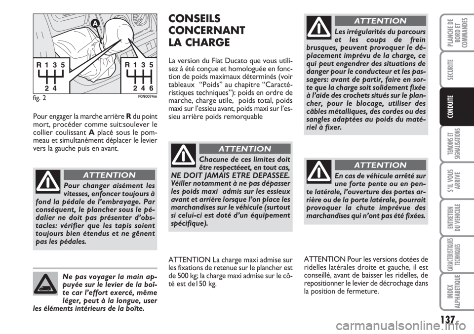 FIAT DUCATO 2007 Notice dentretien (in French) 137
TEMOINS ET
SIGNALISATIONS
S’IL VOUS
ARRIVE
ENTRETIEN
DU VEHICULE
CARACTERISTIQUES
TECHNIQUES
INDEX
ALPHABETIQUE
PLANCHE DE
BORD ET
COMMANDES
SECURITE
CONDUITE
fig. 2F0N0074m
Pour changer aiséme FIAT DUCATO 2007 Notice dentretien (in French) 137
TEMOINS ET
SIGNALISATIONS
S’IL VOUS
ARRIVE
ENTRETIEN
DU VEHICULE
CARACTERISTIQUES
TECHNIQUES
INDEX
ALPHABETIQUE
PLANCHE DE
BORD ET
COMMANDES
SECURITE
CONDUITE
fig. 2F0N0074m
Pour changer aiséme