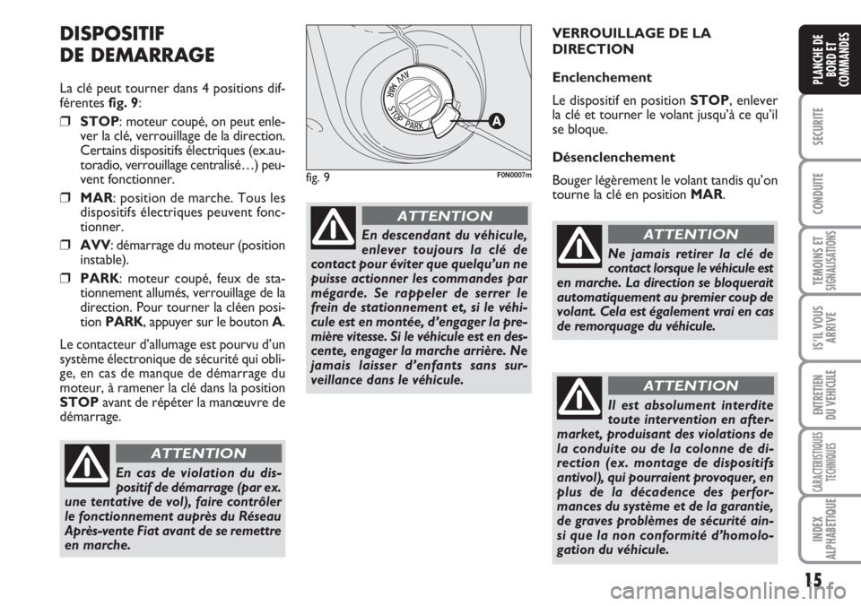 FIAT DUCATO 2007 Notice dentretien (in French) 15
SECURITE
CONDUITE
TEMOINS ETSIGNALISATIONS
IS’IL VOUS
ARRIVE
ENTRETIEN
DU VEHICULE
CARACTERISTIQUES
TECHNIQUES
INDEX
ALPHABETIQUE
PLANCHE DE
BORD ET
COMMANDES
DISPOSITIF
DE DEMARRAGE
La clé peut FIAT DUCATO 2007 Notice dentretien (in French) 15
SECURITE
CONDUITE
TEMOINS ETSIGNALISATIONS
IS’IL VOUS
ARRIVE
ENTRETIEN
DU VEHICULE
CARACTERISTIQUES
TECHNIQUES
INDEX
ALPHABETIQUE
PLANCHE DE
BORD ET
COMMANDES
DISPOSITIF
DE DEMARRAGE
La clé peut