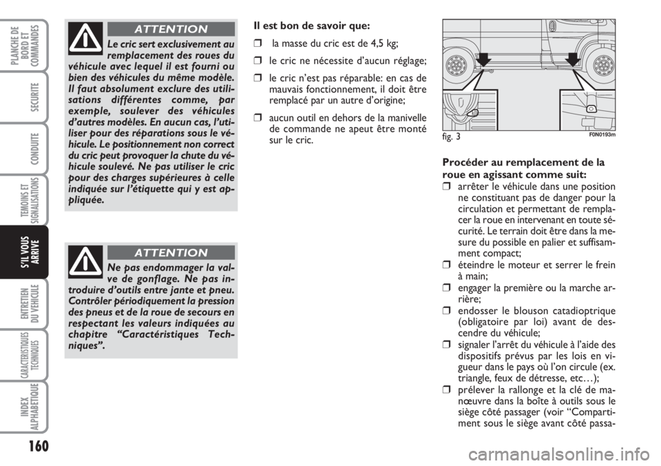 FIAT DUCATO 2007 Notice dentretien (in French) 160
TEMOINS ET
SIGNALISATIONS
ENTRETIEN
DU VEHICULE
CARACTERISTIQUES
TECHNIQUES
INDEX
ALPHABETIQUE
PLANCHE DE
BORD ET
COMMANDES
SECURITE
CONDUITE
S’IL VOUS
ARRIVE
Procéder au remplacement de la
rou FIAT DUCATO 2007 Notice dentretien (in French) 160
TEMOINS ET
SIGNALISATIONS
ENTRETIEN
DU VEHICULE
CARACTERISTIQUES
TECHNIQUES
INDEX
ALPHABETIQUE
PLANCHE DE
BORD ET
COMMANDES
SECURITE
CONDUITE
S’IL VOUS
ARRIVE
Procéder au remplacement de la
rou