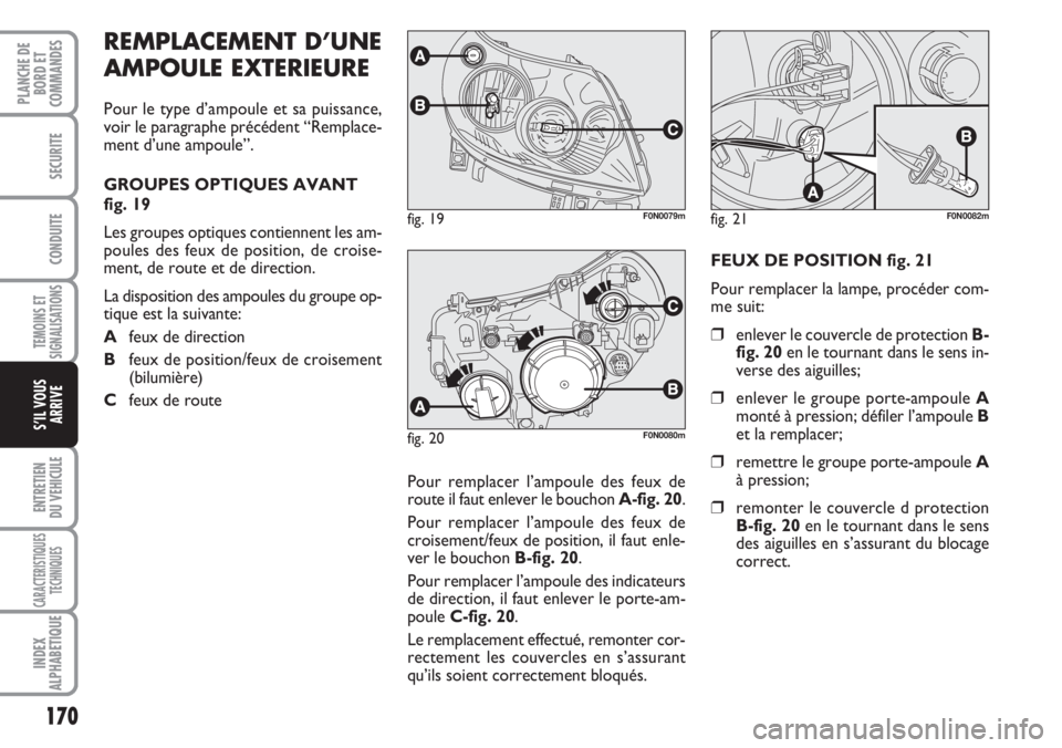 FIAT DUCATO 2007 Notice dentretien (in French) 170
TEMOINS ET
SIGNALISATIONS
ENTRETIEN
DU VEHICULE
CARACTERISTIQUES
TECHNIQUES
INDEX
ALPHABETIQUE
PLANCHE DE
BORD ET
COMMANDES
SECURITE
CONDUITE
S’IL VOUS
ARRIVE
REMPLACEMENT D’UNE
AMPOULE EXTERI FIAT DUCATO 2007 Notice dentretien (in French) 170
TEMOINS ET
SIGNALISATIONS
ENTRETIEN
DU VEHICULE
CARACTERISTIQUES
TECHNIQUES
INDEX
ALPHABETIQUE
PLANCHE DE
BORD ET
COMMANDES
SECURITE
CONDUITE
S’IL VOUS
ARRIVE
REMPLACEMENT D’UNE
AMPOULE EXTERI
