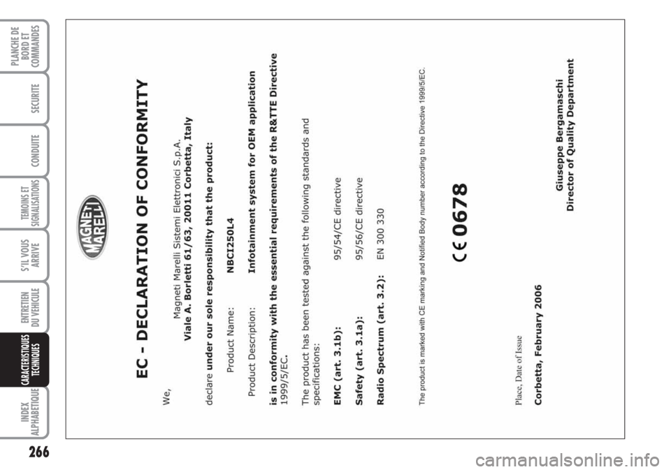 FIAT DUCATO 2007  Notice dentretien (in French) 266
TEMOINS ET
SIGNALISATIONS
INDEX
ALPHABETIQUE
PLANCHE DE
BORD ET
COMMANDES
SECURITE
CONDUITE
S’IL VOUS
ARRIVE
ENTRETIEN
DU VEHICULE
CARACTERISTIQUES
TECHNIQUES 