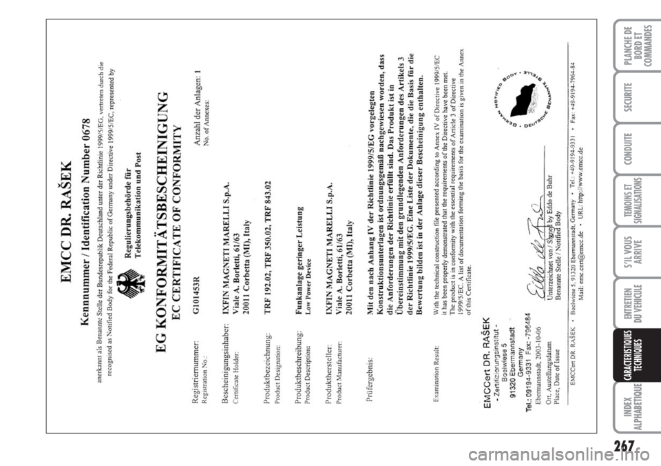 FIAT DUCATO 2007  Notice dentretien (in French) 267
TEMOINS ET
SIGNALISATIONS
INDEX
ALPHABETIQUE
PLANCHE DE
BORD ET
COMMANDES
SECURITE
CONDUITE
S’IL VOUS
ARRIVE
ENTRETIEN
DU VEHICULE
CARACTERISTIQUES
TECHNIQUES 
