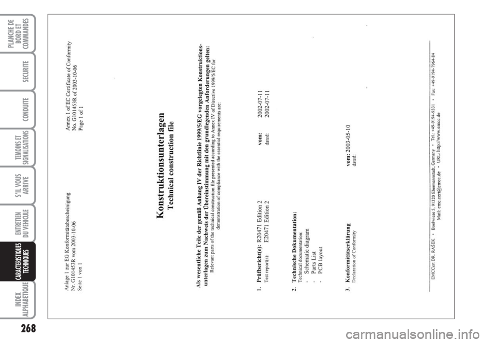 FIAT DUCATO 2007  Notice dentretien (in French) 268
TEMOINS ET
SIGNALISATIONS
INDEX
ALPHABETIQUE
PLANCHE DE
BORD ET
COMMANDES
SECURITE
CONDUITE
S’IL VOUS
ARRIVE
ENTRETIEN
DU VEHICULE
CARACTERISTIQUES
TECHNIQUES 