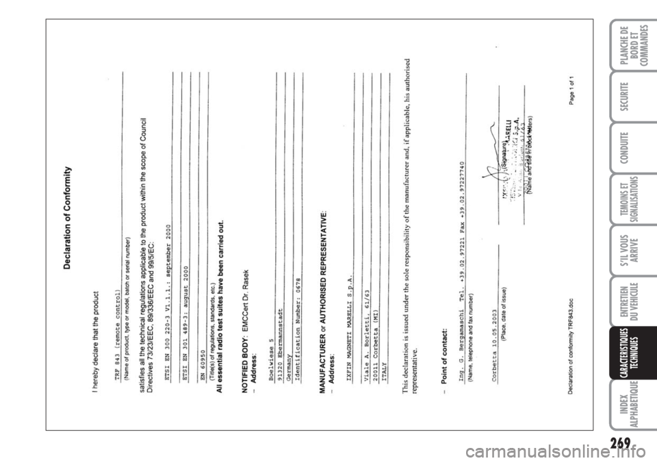 FIAT DUCATO 2007  Notice dentretien (in French) 269
TEMOINS ET
SIGNALISATIONS
INDEX
ALPHABETIQUE
PLANCHE DE
BORD ET
COMMANDES
SECURITE
CONDUITE
S’IL VOUS
ARRIVE
ENTRETIEN
DU VEHICULE
CARACTERISTIQUES
TECHNIQUES 