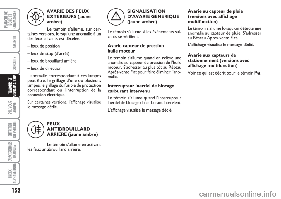 FIAT DUCATO 2008 Notice dentretien (in French) 152
S’IL VOUS
ARRIVE
ENTRETIEN
DU VEHICULE
CARACTERISTIQUES
TECHNIQUES
INDEX
ALPHABETIQUE
PLANCHE DE
BORD ET
COMMANDES
SECURITE
CONDUITE
TEMOINS ET
SIGNALISATIONS
SIGNALISATION
D’AVARIE GENERIQUE FIAT DUCATO 2008 Notice dentretien (in French) 152
S’IL VOUS
ARRIVE
ENTRETIEN
DU VEHICULE
CARACTERISTIQUES
TECHNIQUES
INDEX
ALPHABETIQUE
PLANCHE DE
BORD ET
COMMANDES
SECURITE
CONDUITE
TEMOINS ET
SIGNALISATIONS
SIGNALISATION
D’AVARIE GENERIQUE