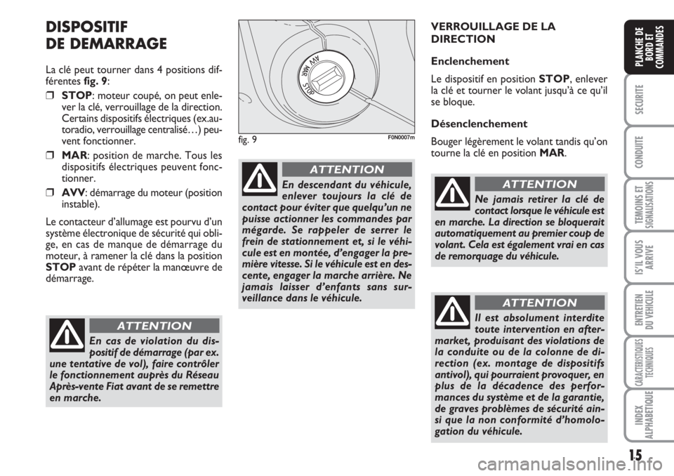 FIAT DUCATO 2008 Notice dentretien (in French) 15
SECURITE
CONDUITE
TEMOINS ETSIGNALISATIONS
IS’IL VOUS
ARRIVE
ENTRETIEN
DU VEHICULE
CARACTERISTIQUES
TECHNIQUES
INDEX
ALPHABETIQUE
PLANCHE DE
BORD ET
COMMANDES
DISPOSITIF
DE DEMARRAGE
La clé pe FIAT DUCATO 2008 Notice dentretien (in French) 15
SECURITE
CONDUITE
TEMOINS ETSIGNALISATIONS
IS’IL VOUS
ARRIVE
ENTRETIEN
DU VEHICULE
CARACTERISTIQUES
TECHNIQUES
INDEX
ALPHABETIQUE
PLANCHE DE
BORD ET
COMMANDES
DISPOSITIF
DE DEMARRAGE
La clé pe