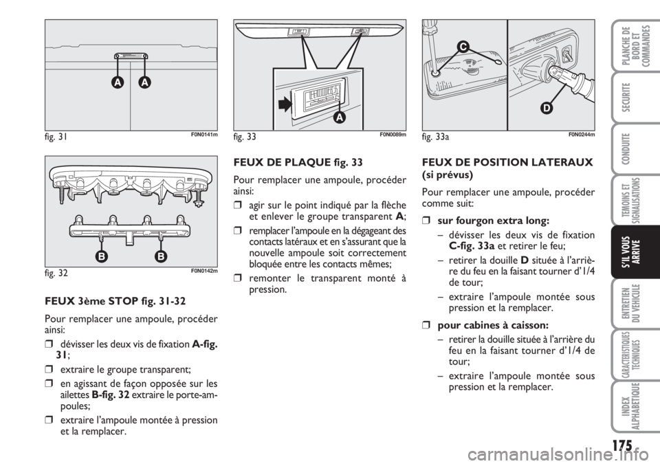 FIAT DUCATO 2008 Notice dentretien (in French) 175
TEMOINS ET
SIGNALISATIONS
ENTRETIEN
DU VEHICULE
CARACTERISTIQUES
TECHNIQUES
INDEX
ALPHABETIQUE
PLANCHE DE
BORD ET
COMMANDES
SECURITE
CONDUITE
S’IL VOUS
ARRIVE
FEUX 3ème STOP fig. 31-32
Pour r FIAT DUCATO 2008 Notice dentretien (in French) 175
TEMOINS ET
SIGNALISATIONS
ENTRETIEN
DU VEHICULE
CARACTERISTIQUES
TECHNIQUES
INDEX
ALPHABETIQUE
PLANCHE DE
BORD ET
COMMANDES
SECURITE
CONDUITE
S’IL VOUS
ARRIVE
FEUX 3ème STOP fig. 31-32
Pour r