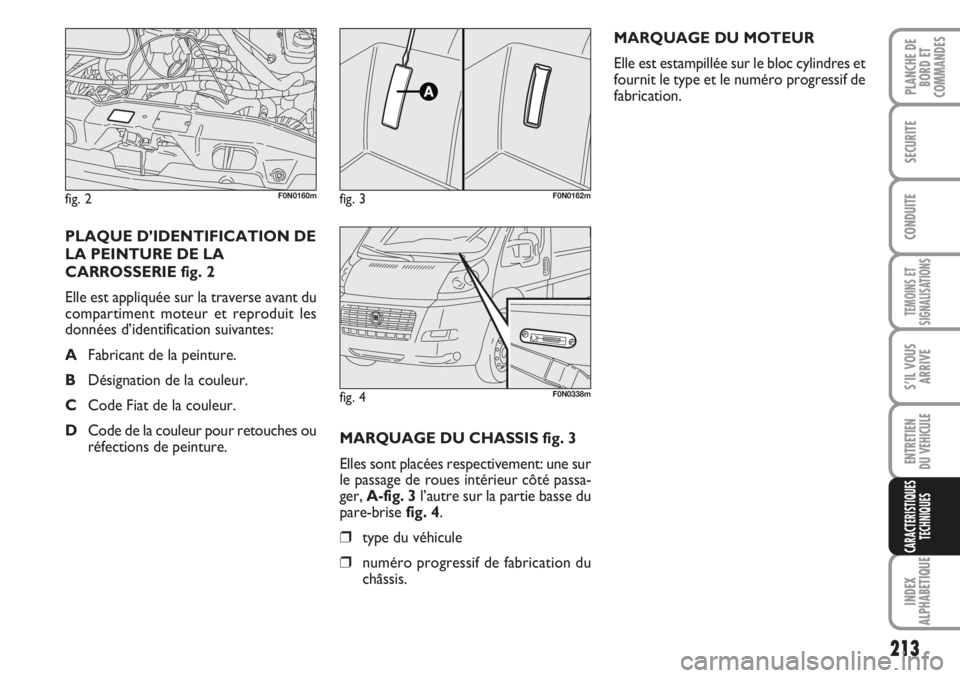 FIAT DUCATO 2008  Notice dentretien (in French) MARQUAGE DU CHASSIS fig. 3
Elles sont placées respectivement: une sur
le passage de roues intérieur côté passa-
ger, A-fig. 3 l’autre sur la partie basse du
pare-brise fig. 4.
❒type du véhicu