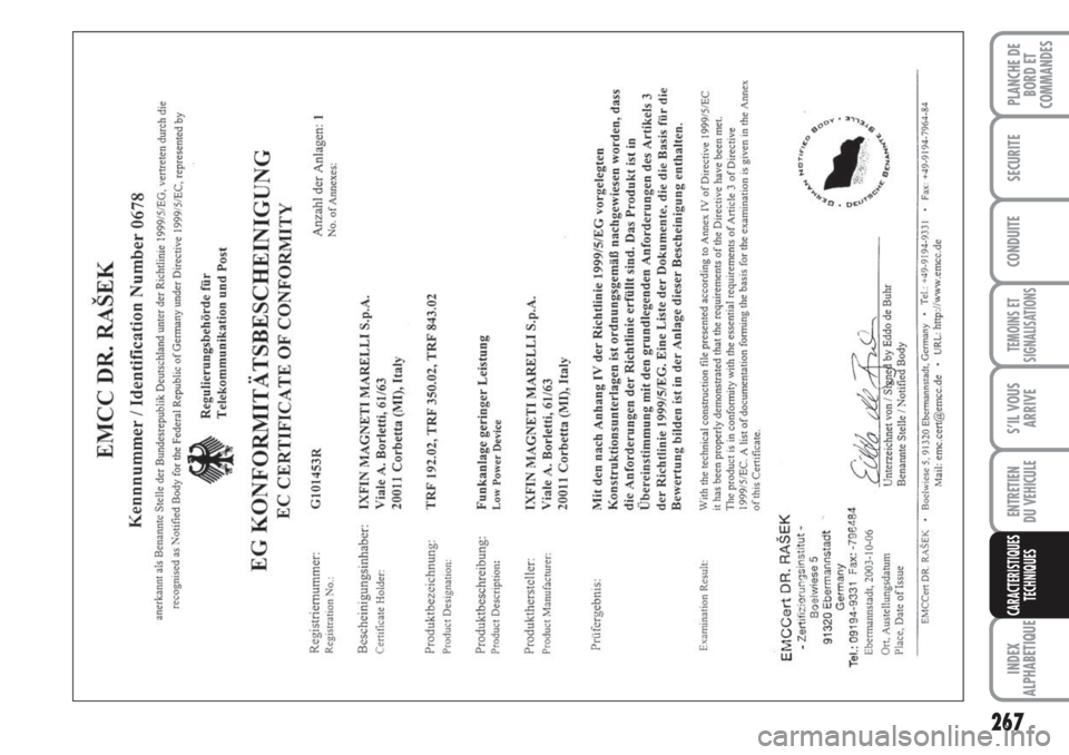FIAT DUCATO 2008  Notice dentretien (in French) 267
TEMOINS ET
SIGNALISATIONS
INDEX
ALPHABETIQUE
PLANCHE DE
BORD ET
COMMANDES
SECURITE
CONDUITE
S’IL VOUS
ARRIVE
ENTRETIEN 
DU VEHICULE
CARACTERISTIQUES
TECHNIQUES 