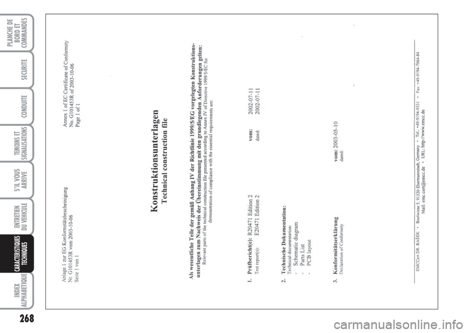 FIAT DUCATO 2008  Notice dentretien (in French) 268
TEMOINS ET
SIGNALISATIONS
INDEX
ALPHABETIQUE
PLANCHE DE
BORD ET
COMMANDES
SECURITE
CONDUITE
S’IL VOUS
ARRIVE
ENTRETIEN 
DU VEHICULE
CARACTERISTIQUES
TECHNIQUES 