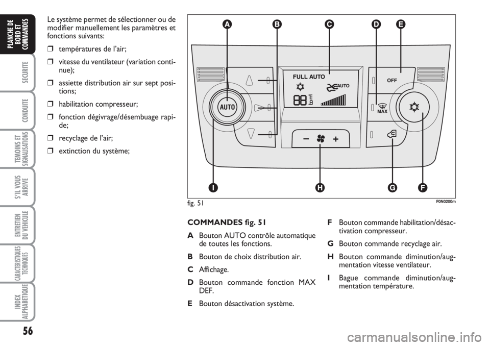 FIAT DUCATO 2008  Notice dentretien (in French) 56
SECURITE
CONDUITE
TEMOINS ETSIGNALISATIONS
S’IL VOUS
ARRIVE
ENTRETIEN 
DU VEHICULE
CARACTERISTIQUES
TECHNIQUES
INDEX
ALPHABETIQUE
PLANCHE DE
BORD ET
COMMANDES
Le système permet de sélectionner 