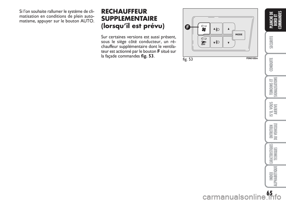 FIAT DUCATO 2008  Notice dentretien (in French) 65
SECURITE
CONDUITE
TEMOINS ETSIGNALISATIONS
IS’IL VOUS
ARRIVE
ENTRETIEN 
DU VEHICULE
CARACTERISTIQUES
TECHNIQUES
INDEX
ALPHABETIQUE
PLANCHE DE
BORD ET
COMMANDES
Si l’on souhaite rallumer le syst