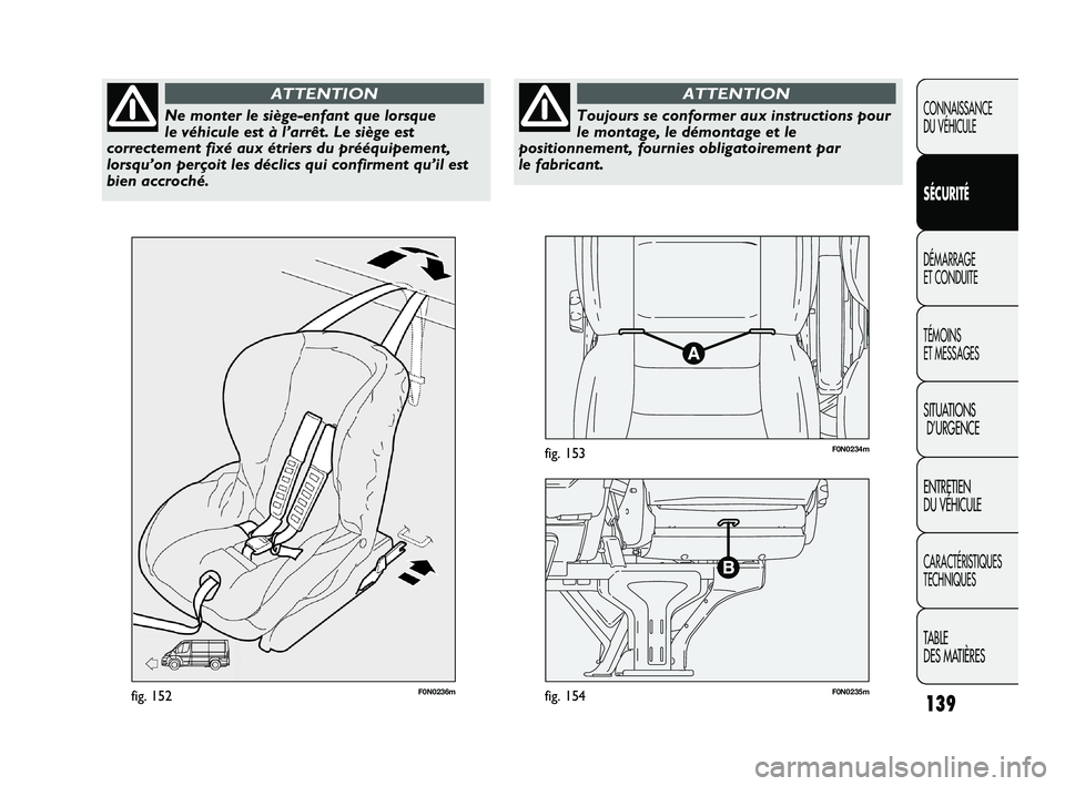 FIAT DUCATO 2009  Notice dentretien (in French) 139
F0N0236mfig. 152F0N0235mfig. 154
F0N0234mfig. 153
CONNAISSANCE
DU VÉHICULE
SÉCURITÉ
DÉMARRAGE 
ET CONDUITE
TÉMOINS 
ET MESSAGES
SITUATIONS
D’URGENCE
ENTRETIEN 
DU VÉHICULE
CARACTÉRISTIQUE