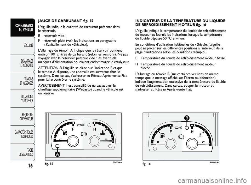 FIAT DUCATO 2009 Notice dentretien (in French) F0N0014mfig. 15F0N0015mfig. 16
INDICATEUR DE LA TEMPÉRATURE DU LIQUIDE
DE REFROIDISSEMENT MOTEUR fig. 16
L’aiguille indique la température du liquide de refroidissement
du moteur et fournit les in FIAT DUCATO 2009 Notice dentretien (in French) F0N0014mfig. 15F0N0015mfig. 16
INDICATEUR DE LA TEMPÉRATURE DU LIQUIDE
DE REFROIDISSEMENT MOTEUR fig. 16
L’aiguille indique la température du liquide de refroidissement
du moteur et fournit les in