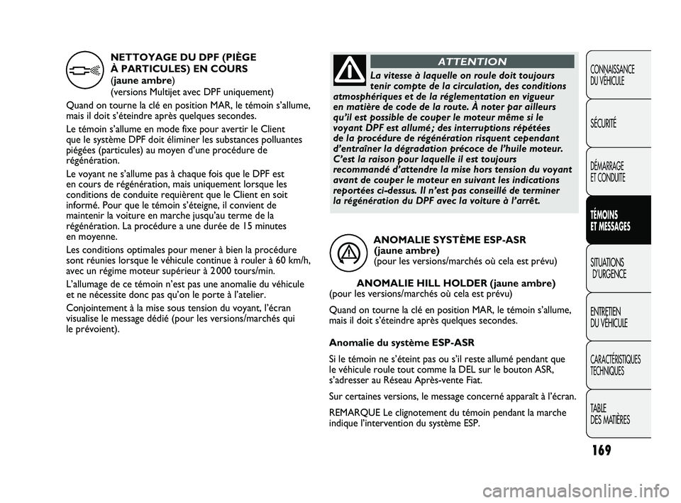 FIAT DUCATO 2009  Notice dentretien (in French) 169
CONNAISSANCE
DU VÉHICULE
SÉCURITÉ
DÉMARRAGE 
ET CONDUITE
TÉMOINS 
ET MESSAGES
SITUATIONS
D’URGENCE
ENTRETIEN 
DU VÉHICULE
CARACTÉRISTIQUES
TECHNIQUES
TABLE 
DES MATIÈRES
ANOMALIE SYSTÈM