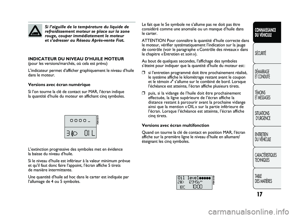 FIAT DUCATO 2009 Notice dentretien (in French) 17
CONNAISSANCE
DU VÉHICULE
SÉCURITÉ
DÉMARRAGE
ET CONDUITE
TÉMOINS
ET MESSAGES
SITUATIONS
D’URGENCE
ENTRETIEN
DU VÉHICULE
CARACTÉRISTIQUES
TECHNIQUES
TABLE
DES MATIÈRES
Si l’aiguille d FIAT DUCATO 2009 Notice dentretien (in French) 17
CONNAISSANCE
DU VÉHICULE
SÉCURITÉ
DÉMARRAGE
ET CONDUITE
TÉMOINS
ET MESSAGES
SITUATIONS
D’URGENCE
ENTRETIEN
DU VÉHICULE
CARACTÉRISTIQUES
TECHNIQUES
TABLE
DES MATIÈRES
Si l’aiguille d