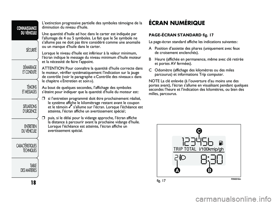 FIAT DUCATO 2009 Notice dentretien (in French) F0N0016mfig. 17
ÉCRAN NUMÉRIQUE
PAGE-ÉCRAN STANDARD fig. 17
La page-écran standard affiche les indications suivantes :
A Position d’assiette des phares (uniquement avec feux
de croisement encl FIAT DUCATO 2009 Notice dentretien (in French) F0N0016mfig. 17
ÉCRAN NUMÉRIQUE
PAGE-ÉCRAN STANDARD fig. 17
La page-écran standard affiche les indications suivantes :
A Position d’assiette des phares (uniquement avec feux
de croisement encl