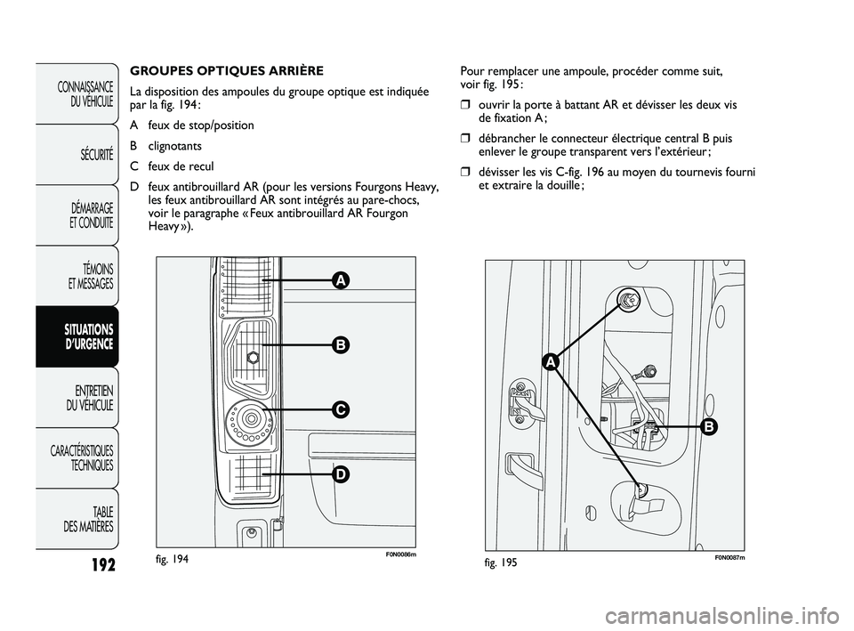 FIAT DUCATO 2009  Notice dentretien (in French) GROUPES OPTIQUES ARRIÈRE
La disposition des ampoules du groupe optique est indiquée
par la fig. 194 :
A feux de stop/position
B clignotants 
C feux de recul
D feux antibrouillard AR (pour les versio
