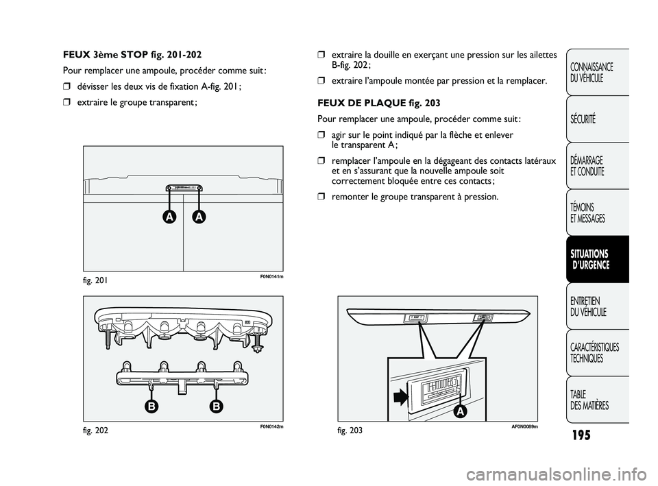 FIAT DUCATO 2009  Notice dentretien (in French) 195
CONNAISSANCE
DU VÉHICULE
SÉCURITÉ
DÉMARRAGE 
ET CONDUITE
TÉMOINS 
ET MESSAGES
SITUATIONS
D’URGENCE
ENTRETIEN 
DU VÉHICULE
CARACTÉRISTIQUES
TECHNIQUES
TABLE 
DES MATIÈRES
❒extraire la d