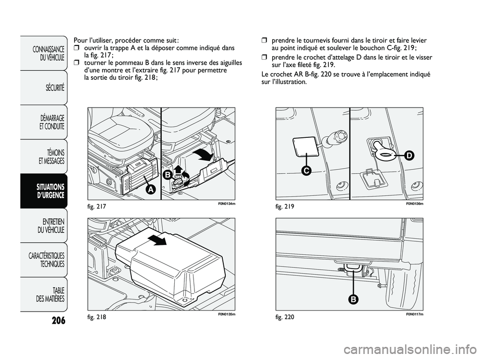 FIAT DUCATO 2009  Notice dentretien (in French) 206
F0N0117mfig. 220F0N0135mfig. 218
F0N0136mfig. 219
❒prendre le tournevis fourni dans le tiroir et faire levier 
au point indiqué et soulever le bouchon C-fig. 219 ;
❒prendre le crochet d’att