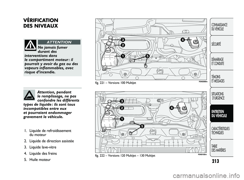 FIAT DUCATO 2009  Notice dentretien (in French) 213
VÉRIFICATION
DES NIVEAUX
CONNAISSANCE
DU VÉHICULE
SÉCURITÉ
DÉMARRAGE 
ET CONDUITE
TÉMOINS 
ET MESSAGES
SITUATIONS
D’URGENCE
ENTRETIEN 
DU VÉHICULE
CARACTÉRISTIQUES
TECHNIQUES
TABLE 
DES 