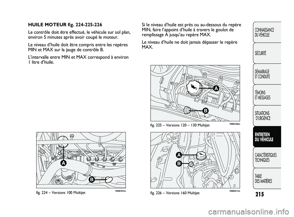 FIAT DUCATO 2009  Notice dentretien (in French) 215
F0N0101mfig. 224 – Versions 100 MultijetF0N0211mfig. 226 – Versions 160 Multijet
F0N0102mfig. 225 – Versions 120 – 130 Multijet
Si le niveau d’huile est près ou au-dessous du repère
MI