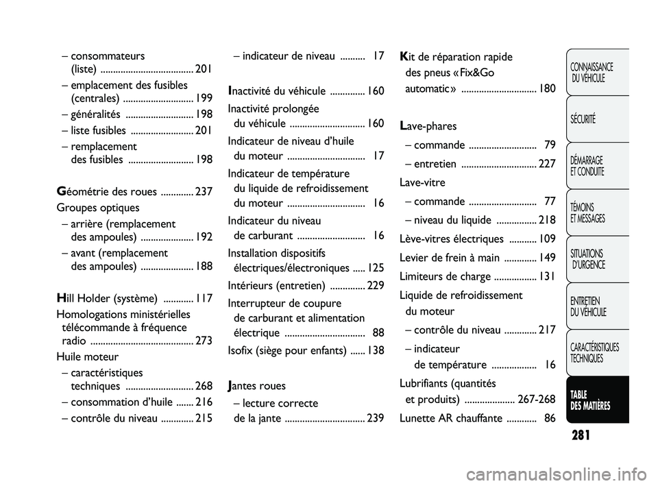 FIAT DUCATO 2009 Notice dentretien (in French) 281
CONNAISSANCE
DU VÉHICULE
SÉCURITÉ
DÉMARRAGE
ET CONDUITE
TÉMOINS
ET MESSAGES
SITUATIONS
D’URGENCE
ENTRETIEN
DU VÉHICULE
CARACTÉRISTIQUES
TECHNIQUES
TABLE
DES MATIÈRES
– consommateur FIAT DUCATO 2009 Notice dentretien (in French) 281
CONNAISSANCE
DU VÉHICULE
SÉCURITÉ
DÉMARRAGE
ET CONDUITE
TÉMOINS
ET MESSAGES
SITUATIONS
D’URGENCE
ENTRETIEN
DU VÉHICULE
CARACTÉRISTIQUES
TECHNIQUES
TABLE
DES MATIÈRES
– consommateur