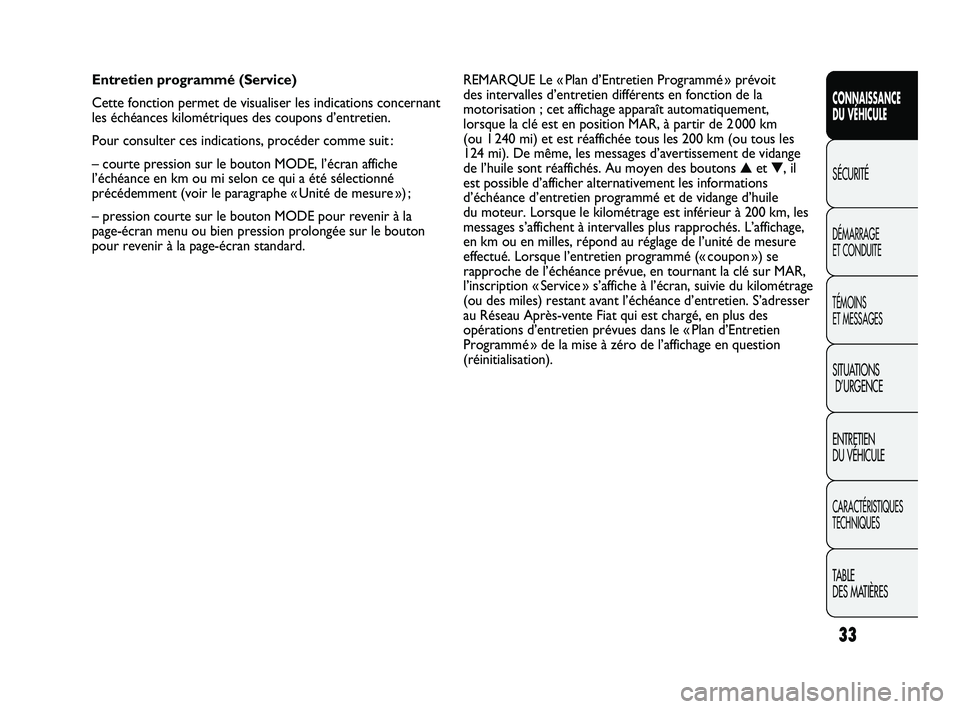 FIAT DUCATO 2009 Notice dentretien (in French) 33
CONNAISSANCE
DU VÉHICULE
SÉCURITÉ
DÉMARRAGE
ET CONDUITE
TÉMOINS
ET MESSAGES
SITUATIONS
D’URGENCE
ENTRETIEN
DU VÉHICULE
CARACTÉRISTIQUES
TECHNIQUES
TABLE
DES MATIÈRES
REMARQUE Le « Pl FIAT DUCATO 2009 Notice dentretien (in French) 33
CONNAISSANCE
DU VÉHICULE
SÉCURITÉ
DÉMARRAGE
ET CONDUITE
TÉMOINS
ET MESSAGES
SITUATIONS
D’URGENCE
ENTRETIEN
DU VÉHICULE
CARACTÉRISTIQUES
TECHNIQUES
TABLE
DES MATIÈRES
REMARQUE Le « Pl