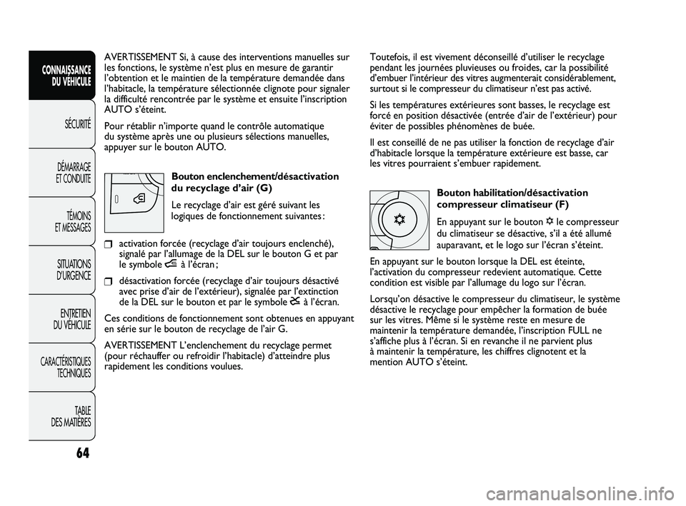 FIAT DUCATO 2009 Notice dentretien (in French) 64
SICUREZZA
AVVIAMENTO
E GUIDA
SPIE E
MESSAGGI
IN EMERGENZA
MANUTENZIONE
E CURA
DATI TECNICI
INDICE
Toutefois, il est vivement déconseillé d’utiliser le recyclage
pendant les journées pluvieuses FIAT DUCATO 2009 Notice dentretien (in French) 64
SICUREZZA
AVVIAMENTO
E GUIDA
SPIE E
MESSAGGI
IN EMERGENZA
MANUTENZIONE
E CURA
DATI TECNICI
INDICE
Toutefois, il est vivement déconseillé d’utiliser le recyclage
pendant les journées pluvieuses