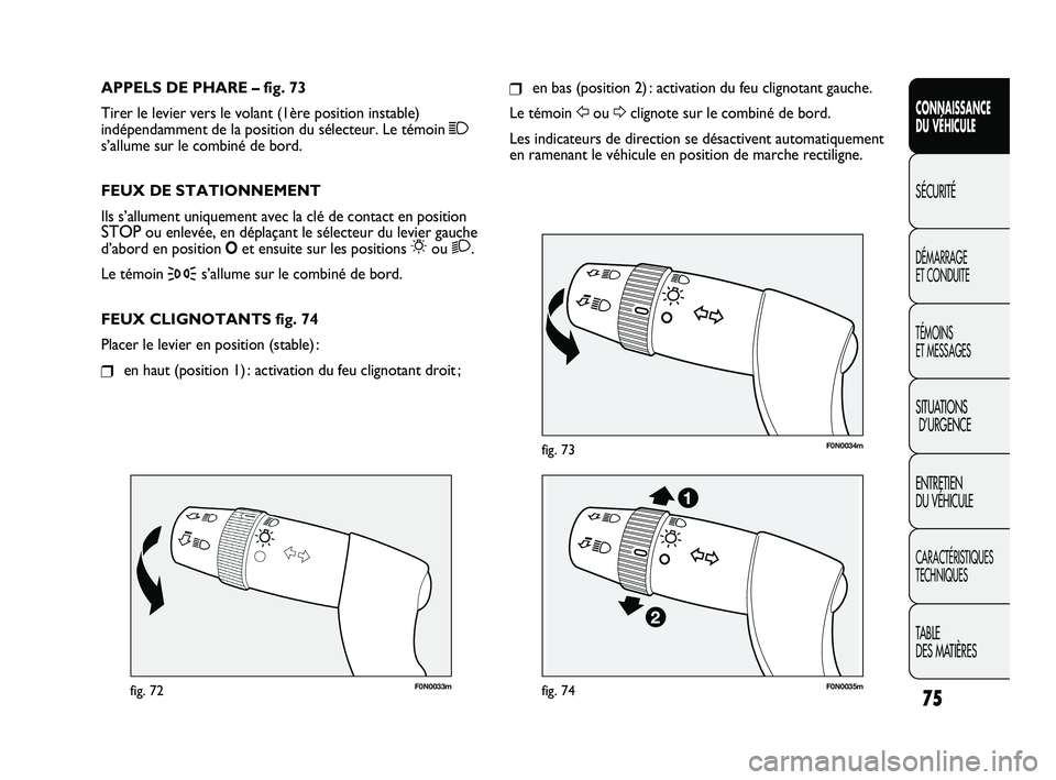 FIAT DUCATO 2009 Notice dentretien (in French) 75
SICUREZZA
AVVIAMENTO
E GUIDA
SPIE E
MESSAGGI
IN EMERGENZA
MANUTENZIONE
E CURA
DATI TECNICI
INDICE
F0N0033mfig. 72
F0N0034mfig. 73
❒en bas (position 2) : activation du feu clignotant gauche.
Le t FIAT DUCATO 2009 Notice dentretien (in French) 75
SICUREZZA
AVVIAMENTO
E GUIDA
SPIE E
MESSAGGI
IN EMERGENZA
MANUTENZIONE
E CURA
DATI TECNICI
INDICE
F0N0033mfig. 72
F0N0034mfig. 73
❒en bas (position 2) : activation du feu clignotant gauche.
Le t