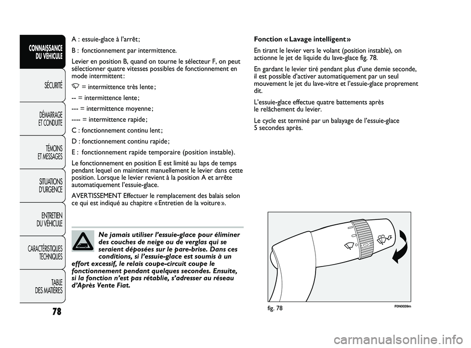 FIAT DUCATO 2009  Notice dentretien (in French) 78
SICUREZZA
AVVIAMENTO
E GUIDA
SPIE E
MESSAGGI
IN EMERGENZA
MANUTENZIONE
E CURA
DATI TECNICI
INDICE
F0N0039mfig. 78
Fonction « Lavage intelligent »
En tirant le levier vers le volant (position inst
