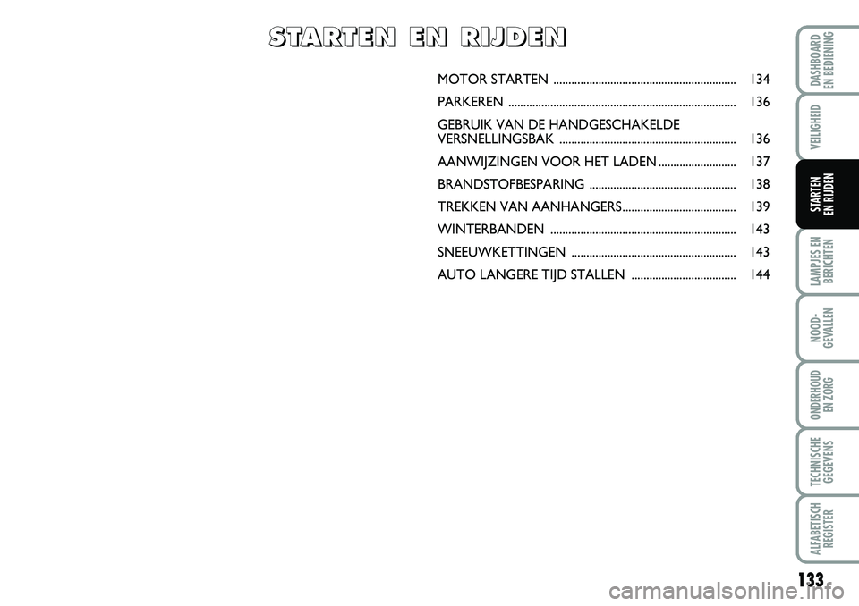 FIAT DUCATO 2008  Instructieboek (in Dutch) 133
LAMPJES EN
BERICHTEN
NOOD-
GEVALLEN
ONDERHOUD 
EN ZORG
TECHNISCHE
GEGEVENS
ALFABETISCH
REGISTER
DASHBOARD 
EN BEDIENING
VEILIGHEID
STARTEN 
EN RIJDEN
MOTOR STARTEN ................................
