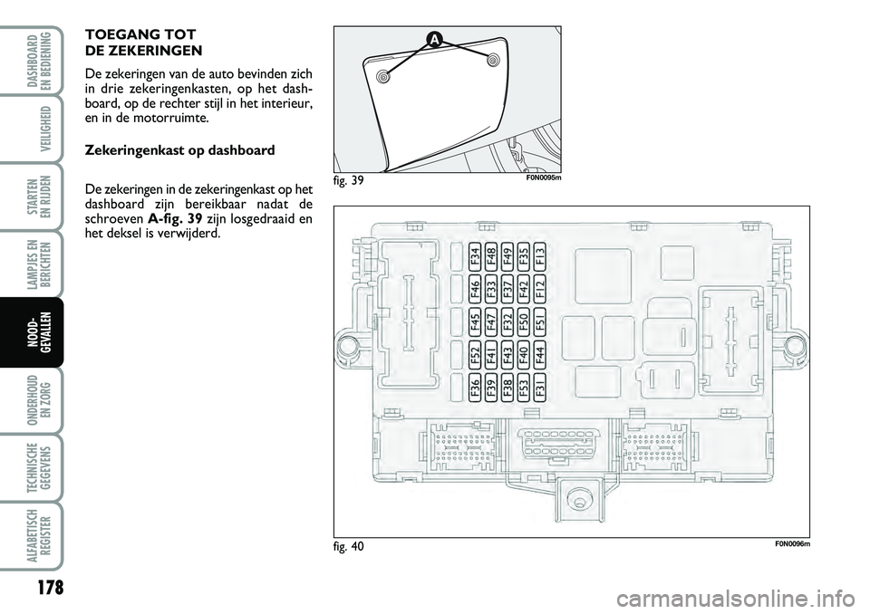 FIAT DUCATO 2008  Instructieboek (in Dutch) 178
LAMPJES EN
BERICHTEN
ONDERHOUD 
EN ZORG
TECHNISCHE
GEGEVENS
ALFABETISCH
REGISTER
DASHBOARD 
EN BEDIENING 
VEILIGHEID
STARTEN 
EN RIJDEN
NOOD-
GEVALLEN
TOEGANG TOT 
DE ZEKERINGEN
De zekeringen van 