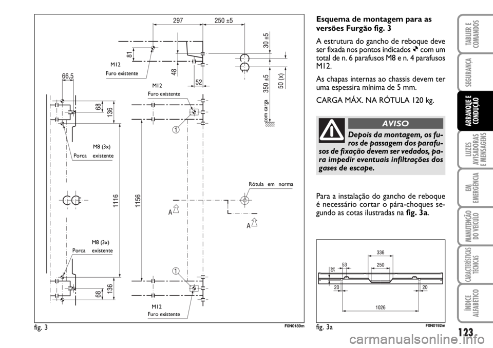 FIAT DUCATO 2006  Manual de Uso e Manutenção (in Portuguese) 123
LUZES
AVISADORAS 
E MENSAGENS 
EM
EMERGÊNCIA
MANUTENÇÃO
DO VEÍCULO 
CARACTERÍSTICAS
TÉCNICAS
ÍNDICE
ALFABÉTICO
TABLIER E
COMANDOS
SEGURANÇA
ARRANQUE E
CONDUÇÃO
Esquema de montagem para 
