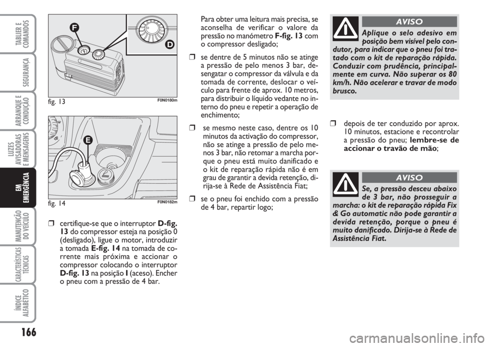 FIAT DUCATO 2007  Manual de Uso e Manutenção (in Portuguese) 166
LUZES
AVISADORAS 
E MENSAGENS 
MANUTENÇÃO
DO VEÍCULO 
CARACTERÍSTICAS
TÉCNICAS
ÍNDICE
ALFABÉTICO
TABLIER E
COMANDOS
SEGURANÇA
ARRANQUE E
CONDUÇÃO
EM
EMERGÊNCIA
❒certifique-se que o in