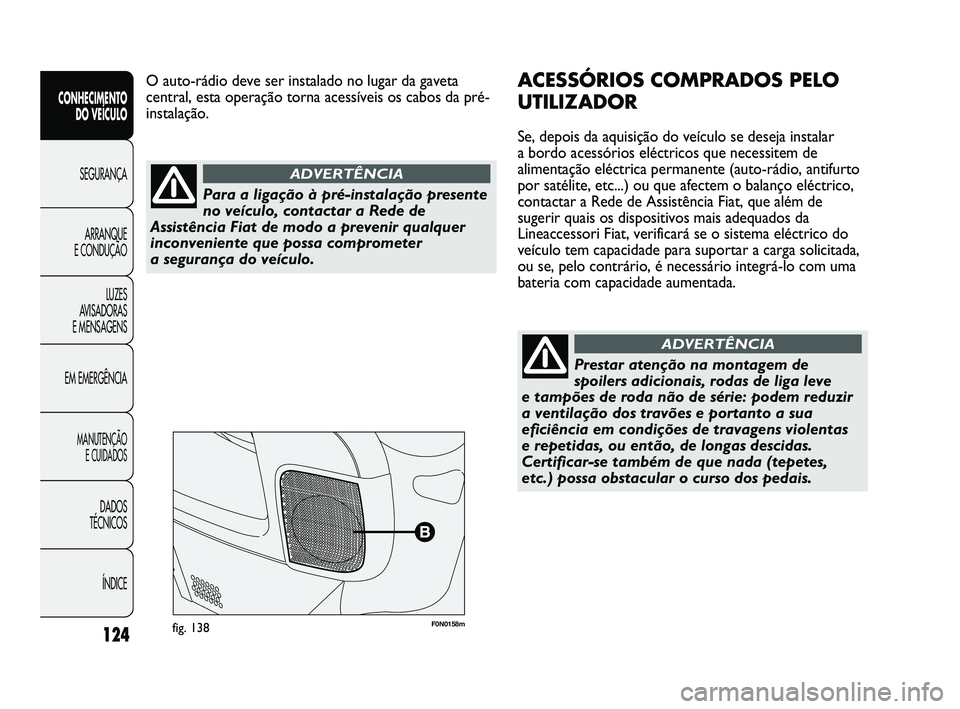FIAT DUCATO 2010 Manual de Uso e Manutenção (in Portuguese) 124
F0N0158mfig. 138
ACESSÓRIOS COMPRADOS PELO
UTILIZADOR
Se, depois da aquisição do veículo se deseja instalar
a bordo acessórios eléctricos que necessitem de
alimentação eléctrica permanen FIAT DUCATO 2010 Manual de Uso e Manutenção (in Portuguese) 124
F0N0158mfig. 138
ACESSÓRIOS COMPRADOS PELO
UTILIZADOR
Se, depois da aquisição do veículo se deseja instalar
a bordo acessórios eléctricos que necessitem de
alimentação eléctrica permanen