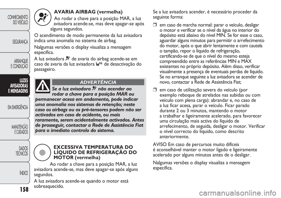 FIAT DUCATO 2011  Manual de Uso e Manutenção (in Portuguese) 158
CONHECIMENTO
DO VEÍCULO 
SEGURANÇA
ARRANQUE
E CONDUÇÃO
LUZES
AVISADORAS 
E MENSAGENS
EM EMERGÊNCIA
MANUTENÇÃO
E CUIDADOS 
DADOS
TÉCNICOS
ÍNDICE
AVARIA AIRBAG (vermelha)
Ao rodar a chave p