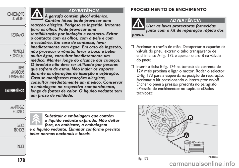 FIAT DUCATO 2011  Manual de Uso e Manutenção (in Portuguese) 178
F0N0826mfig. 172
PROCEDIMENTO DE ENCHIMENTO
CONHECIMENTO
DO VEÍCULO 
SEGURANÇA
ARRANQUE
E CONDUÇÃO
LUZES
AVISADORAS 
E MENSAGENS
EM EMERGÊNCIA
MANUTENÇÃO
E CUIDADOS 
DADOS
TÉCNICOS
ÍNDICE