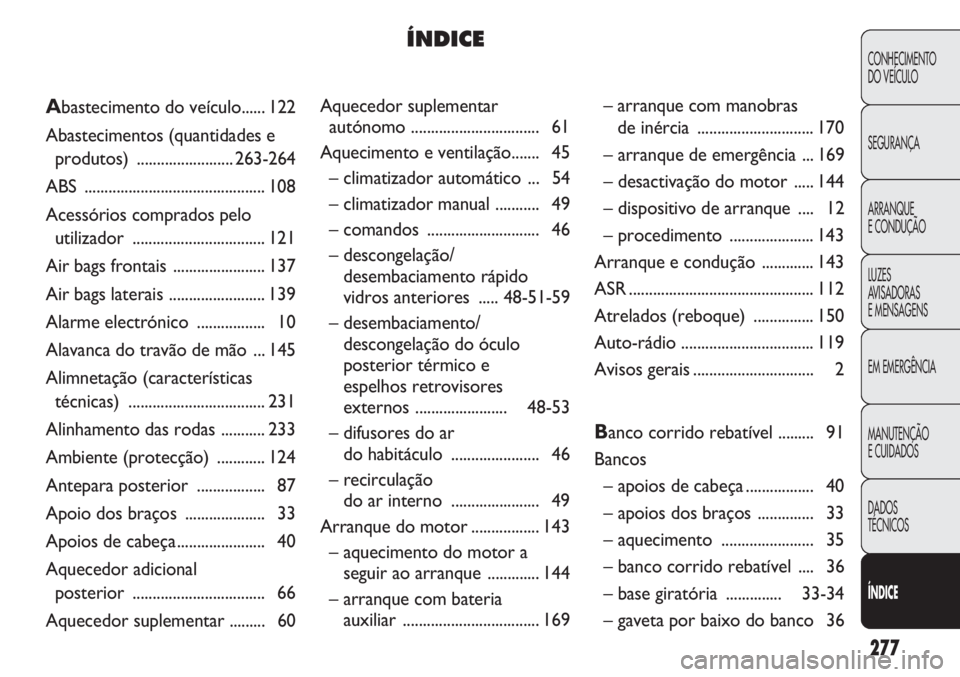 FIAT DUCATO 2011  Manual de Uso e Manutenção (in Portuguese) 277
CONHECIMENTO
DO VEÍCULO 
SEGURANÇA
ARRANQUE
E CONDUÇÃO
LUZES
AVISADORAS 
E MENSAGENS
EM EMERGÊNCIA
MANUTENÇÃO
E CUIDADOS 
DADOS
TÉCNICOS
ÍNDICE
Aquecedor suplementar
autónomo ...........