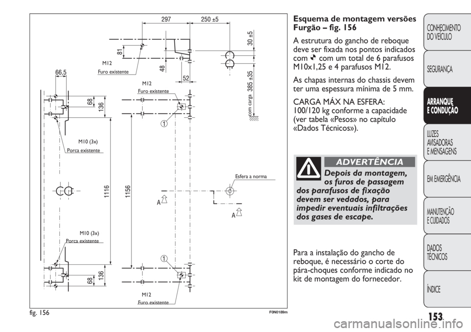 FIAT DUCATO 2013  Manual de Uso e Manutenção (in Portuguese) 153
CONHECIMENTO
DO VEÍCULO 
SEGURANÇA
ARRANQUE
E CONDUÇÃO
LUZES
AVISADORAS 
E MENSAGENS
EM EMERGÊNCIA
MANUTENÇÃO
E CUIDADOS 
DADOS
TÉCNICOS
ÍNDICE
Esquema de montagem versões
Furgão – fi