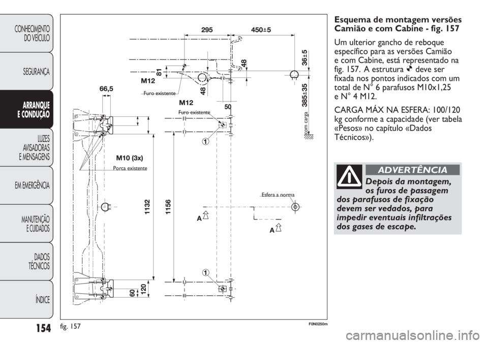 FIAT DUCATO 2013  Manual de Uso e Manutenção (in Portuguese) 154
CONHECIMENTO
DO VEÍCULO 
SEGURANÇA
ARRANQUE
E CONDUÇÃO
LUZES
AVISADORAS 
E MENSAGENS
EM EMERGÊNCIA
MANUTENÇÃO
E CUIDADOS 
DADOS
TÉCNICOS
ÍNDICE
Esquema de montagem versões
Camião e com 