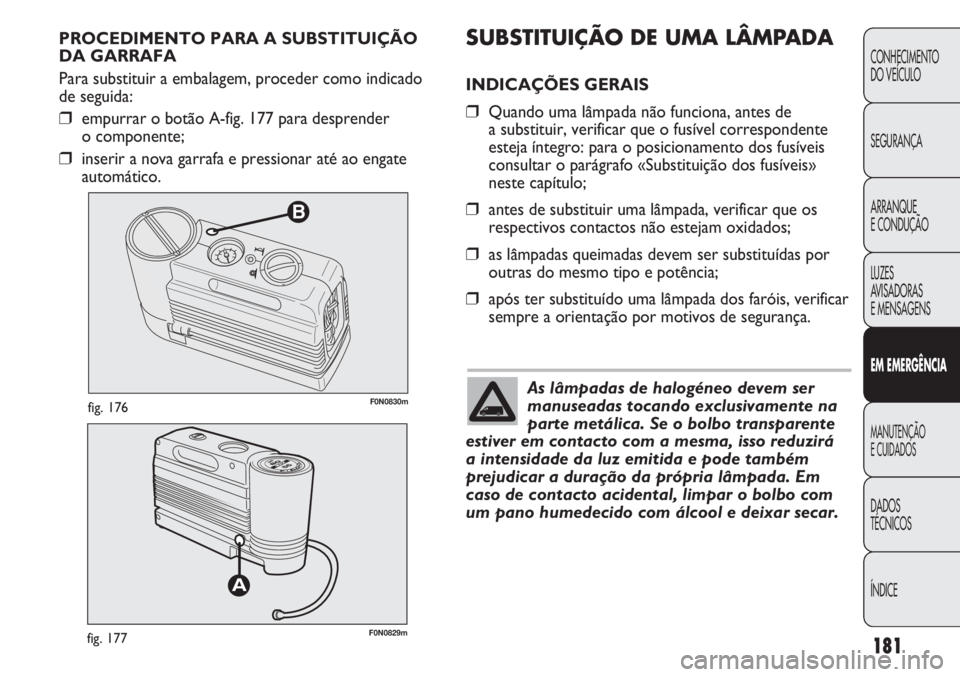 FIAT DUCATO 2013  Manual de Uso e Manutenção (in Portuguese) 181
B
F0N0830mfig. 176
F0N0829mfig. 177
SUBSTITUIÇÃO DE UMA LÂMPADA
INDICAÇÕES GERAIS
❒Quando uma lâmpada não funciona, antes de 
a substituir, verificar que o fusível correspondente
esteja 