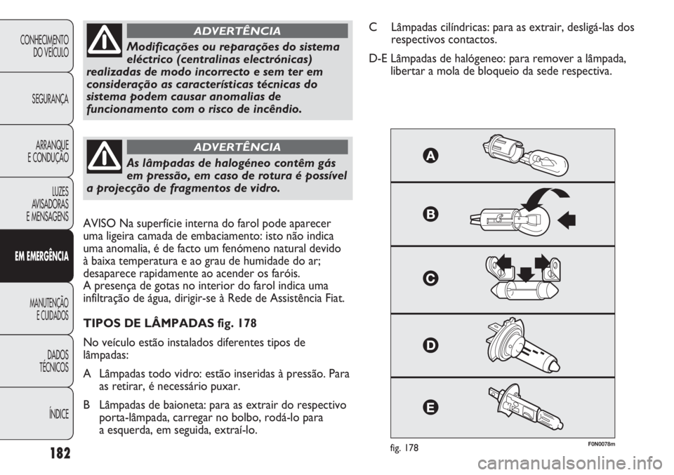 FIAT DUCATO 2013  Manual de Uso e Manutenção (in Portuguese) 182
F0N0078mfig. 178
Modificações ou reparações do sistema
eléctrico (centralinas electrónicas)
realizadas de modo incorrecto e sem ter em
consideração as características técnicas do
sistema