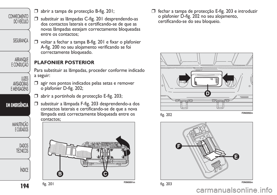FIAT DUCATO 2013  Manual de Uso e Manutenção (in Portuguese) 194
CONHECIMENTO
DO VEÍCULO 
SEGURANÇA
ARRANQUE
E CONDUÇÃO
LUZES
AVISADORAS 
E MENSAGENS
EM EMERGÊNCIA
MANUTENÇÃO
E CUIDADOS 
DADOS
TÉCNICOS
ÍNDICE
F0N0091mfig. 201
❒abrir a tampa de protec
