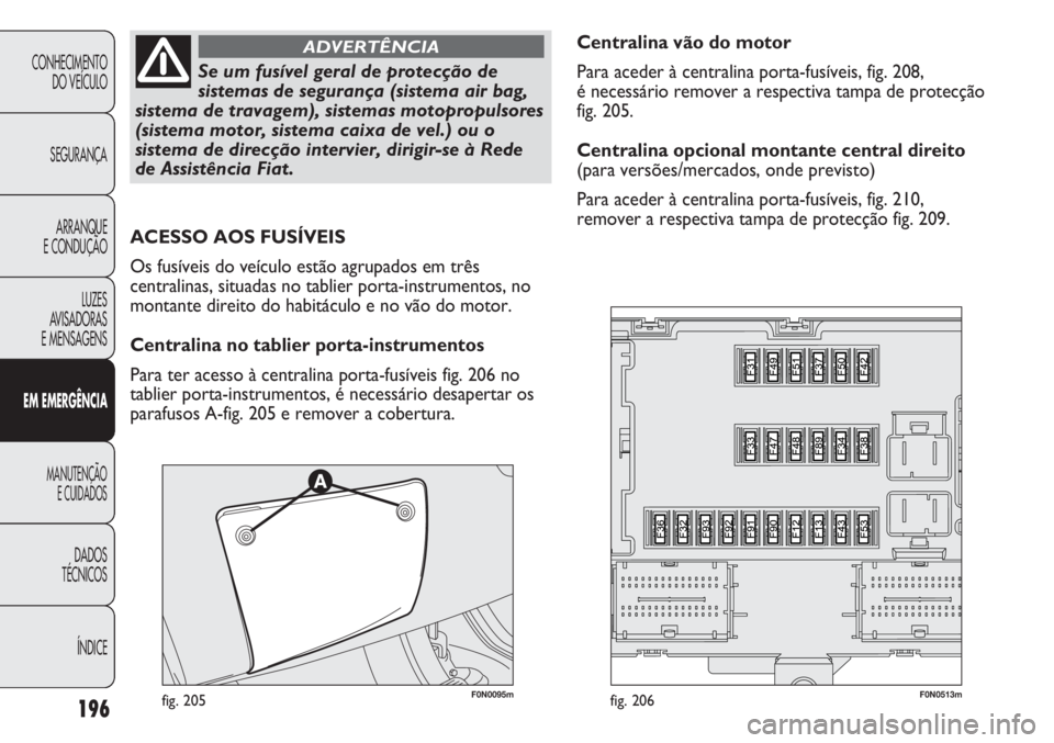 FIAT DUCATO 2013  Manual de Uso e Manutenção (in Portuguese) 196
CONHECIMENTO
DO VEÍCULO 
SEGURANÇA
ARRANQUE
E CONDUÇÃO
LUZES
AVISADORAS 
E MENSAGENS
EM EMERGÊNCIA
MANUTENÇÃO
E CUIDADOS 
DADOS
TÉCNICOS
ÍNDICE
Se um fusível geral de protecção de
sist