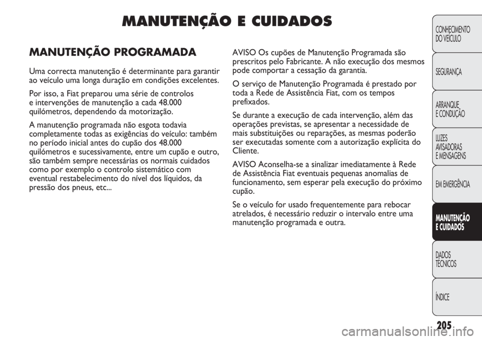 FIAT DUCATO 2013  Manual de Uso e Manutenção (in Portuguese) 205
CONHECIMENTO
DO VEÍCULO 
SEGURANÇA
ARRANQUE
E CONDUÇÃO
LUZES
AVISADORAS 
E MENSAGENS
EM EMERGÊNCIA
MANUTENÇÃO
E CUIDADOS 
DADOS
TÉCNICOS
ÍNDICE
MANUTENÇÃO E CUIDADOS
MANUTENÇÃO PROGRA
