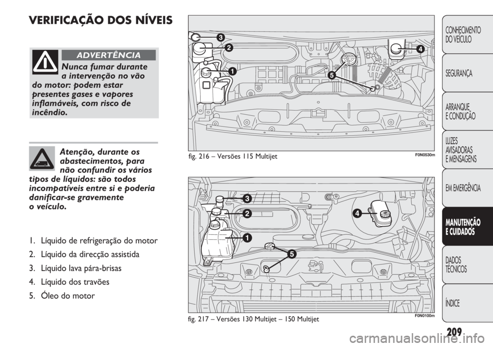FIAT DUCATO 2013  Manual de Uso e Manutenção (in Portuguese) 209
VERIFICAÇÃO DOS NÍVEIS
CONHECIMENTO
DO VEÍCULO 
SEGURANÇA
ARRANQUE
E CONDUÇÃO
LUZES
AVISADORAS 
E MENSAGENS
EM EMERGÊNCIA
MANUTENÇÃO
E CUIDADOS 
DADOS
TÉCNICOS
ÍNDICE
fig. 217 – Vers