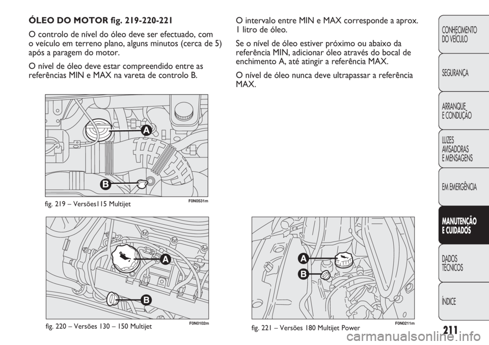 FIAT DUCATO 2013  Manual de Uso e Manutenção (in Portuguese) 211
F0N0211mfig. 221 – Versões 180 Multijet PowerF0N0102mfig. 220 – Versões 130 – 150 Multijet
O intervalo entre MIN e MAX corresponde a aprox. 
1 litro de óleo.
Se o nível de óleo estiver 