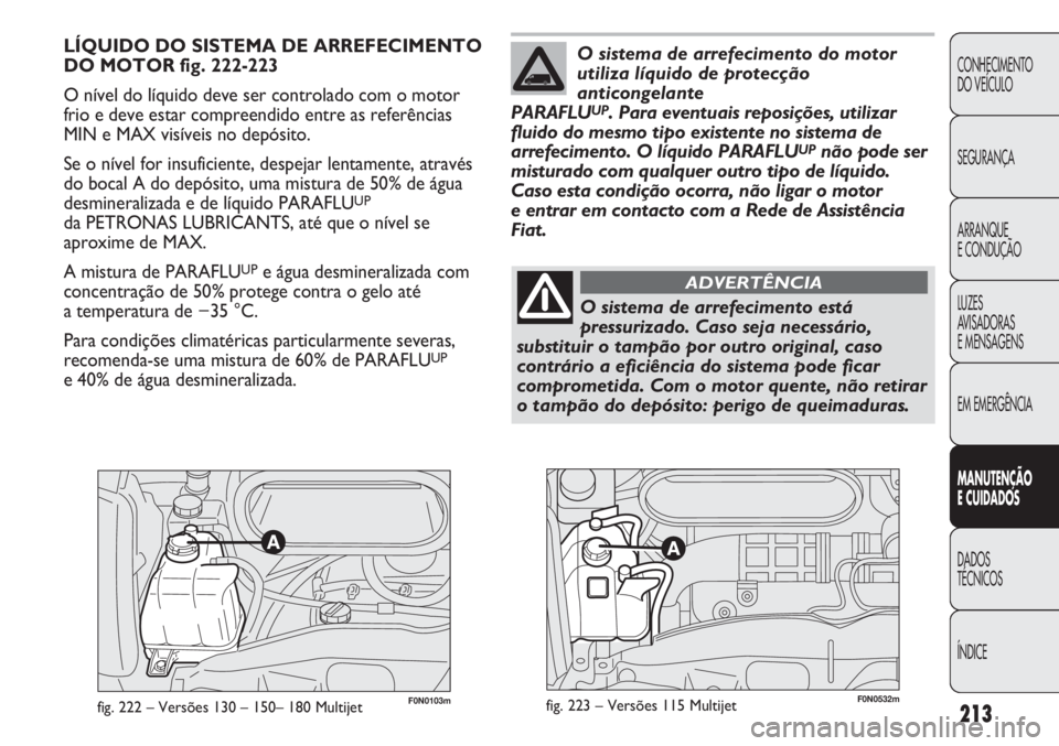 FIAT DUCATO 2013  Manual de Uso e Manutenção (in Portuguese) 213
CONHECIMENTO
DO VEÍCULO 
SEGURANÇA
ARRANQUE
E CONDUÇÃO
LUZES
AVISADORAS 
E MENSAGENS
EM EMERGÊNCIA
MANUTENÇÃO
E CUIDADOS 
DADOS
TÉCNICOS
ÍNDICE
F0N0103mfig. 222 – Versões 130 – 150